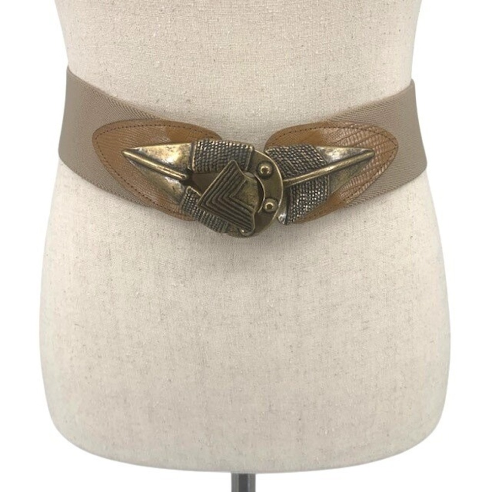 Vintage 80s Taupe Stretch Belt Antiqued Gold Geometric Buckle Art Deco Glam